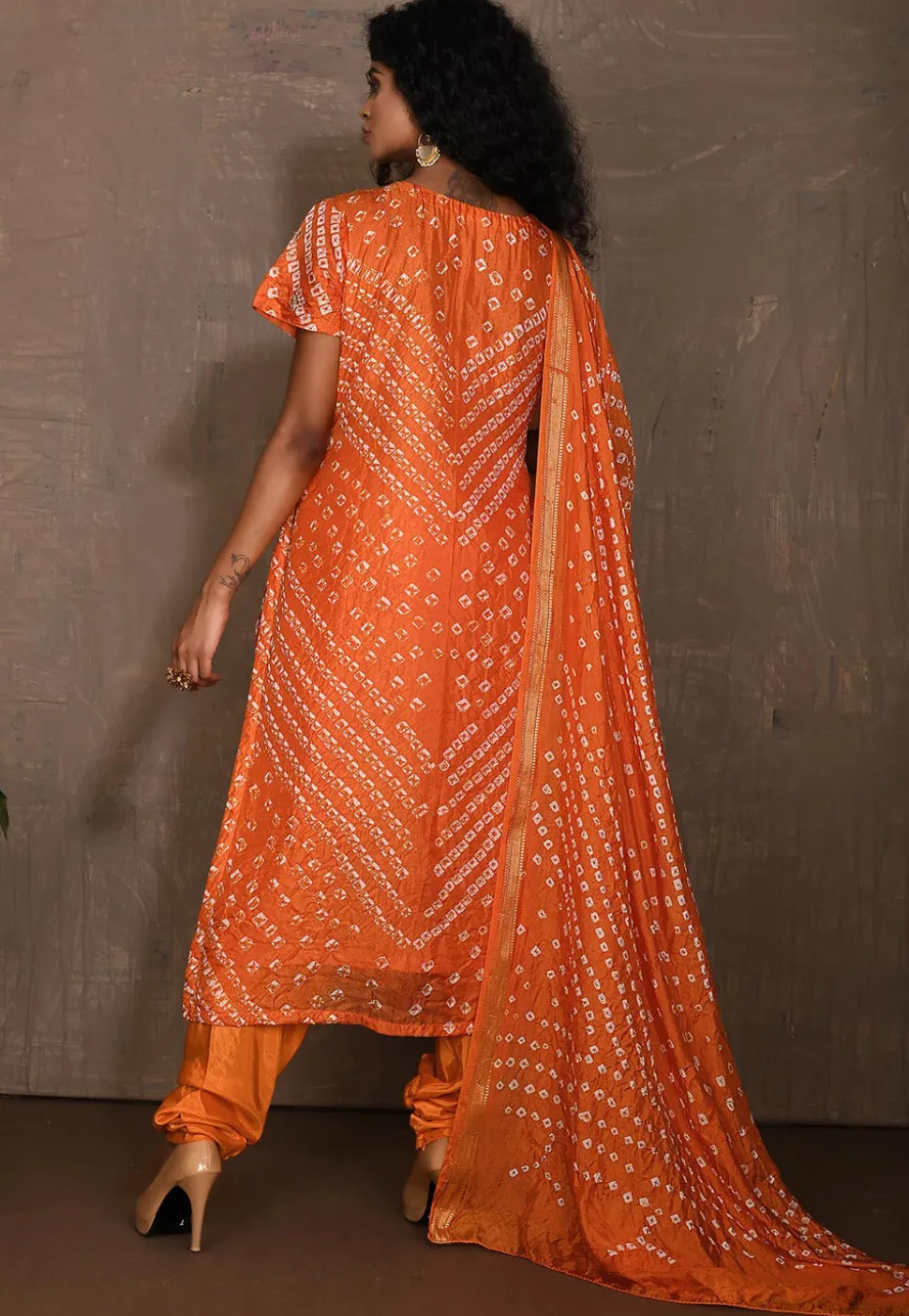 Bandhej Art Silk Straight Suit in Orange