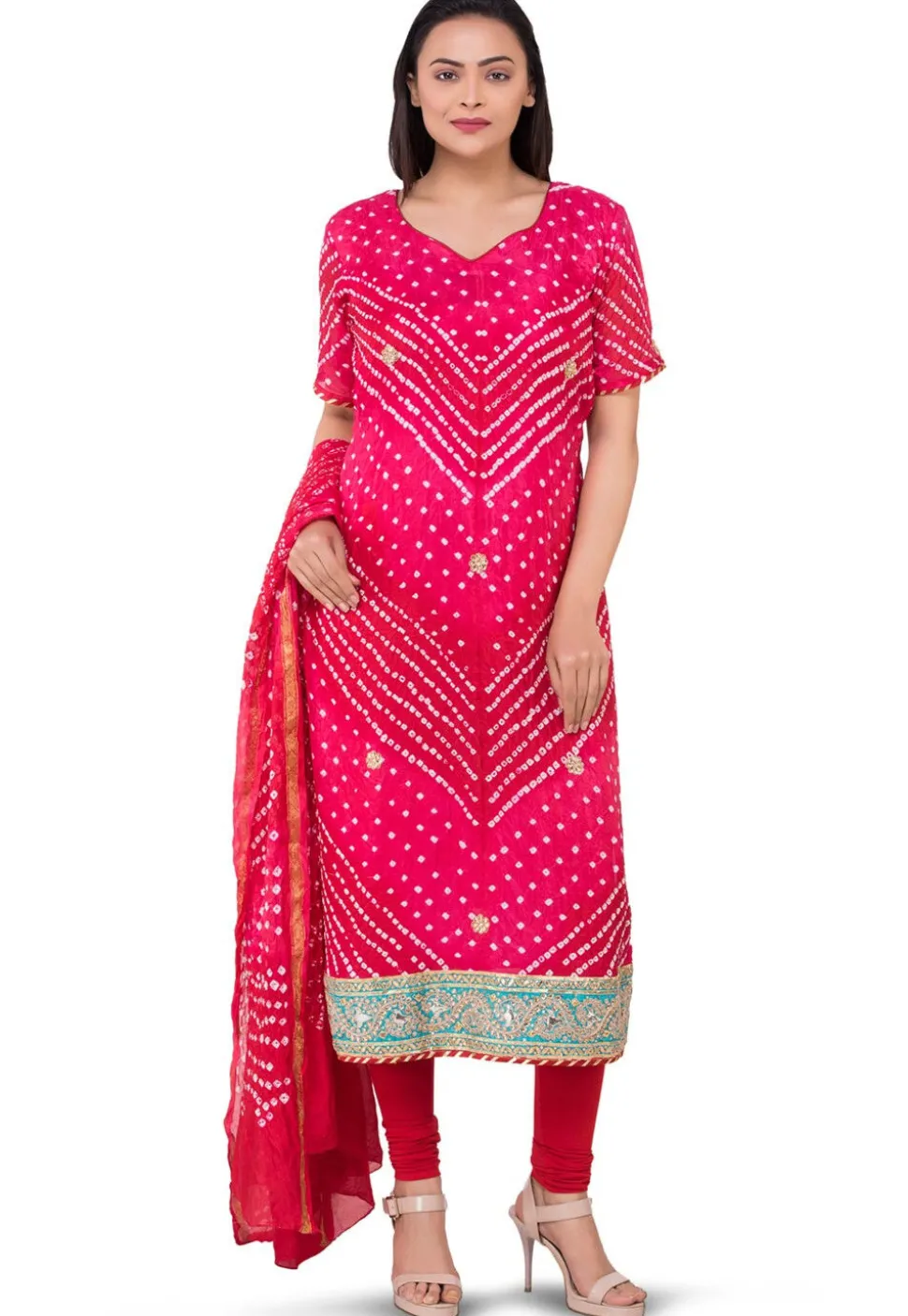 Bandhej Art Silk Straight Suit in Shaded Red and Fuchsia