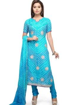 Bandhej Art Silk Straight Suit in Turquoise