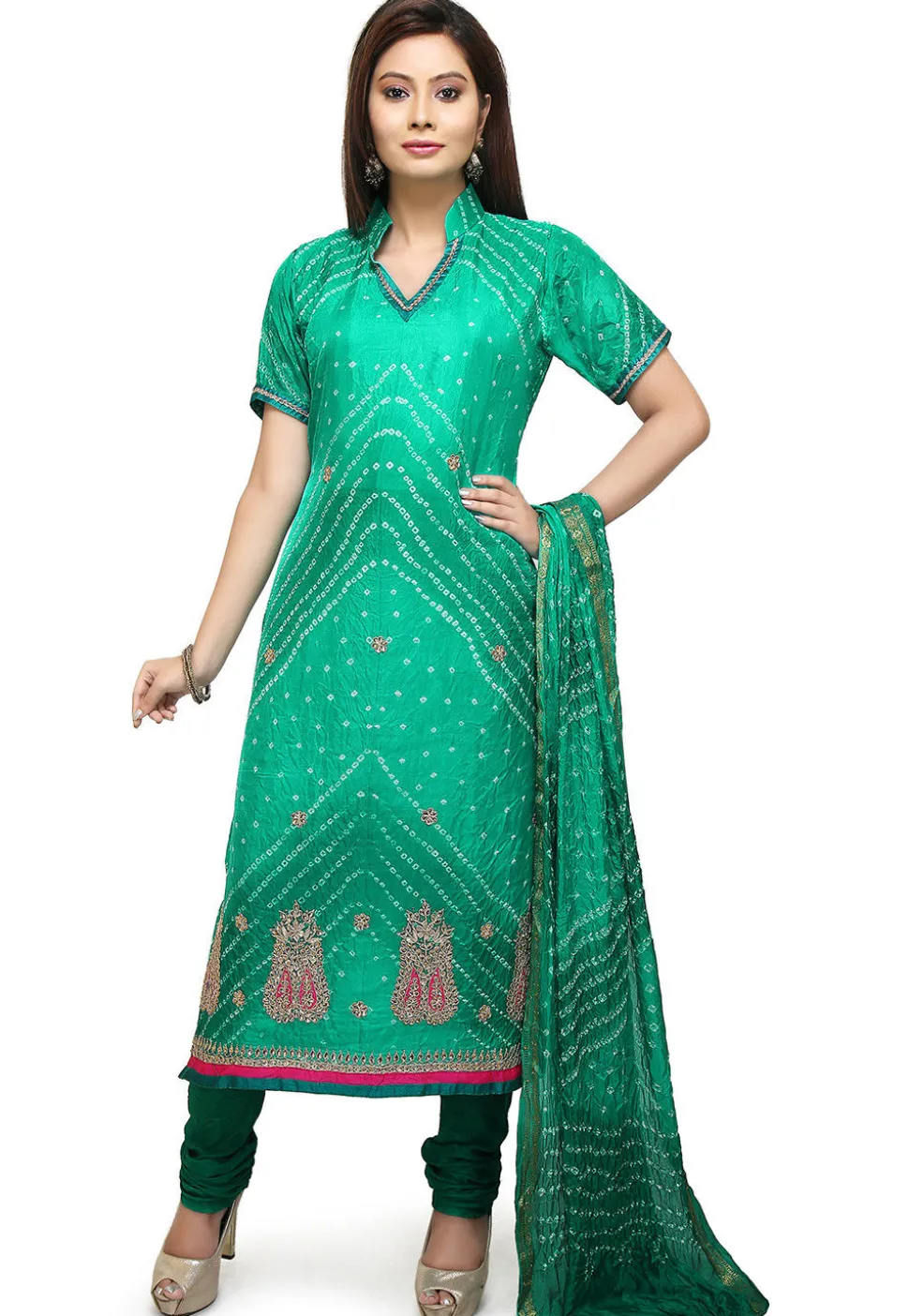 Bandhej Art Silk Straight Suit in Teal Green