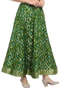 Bandhej Banarasi Silk Skirt in Dark Green