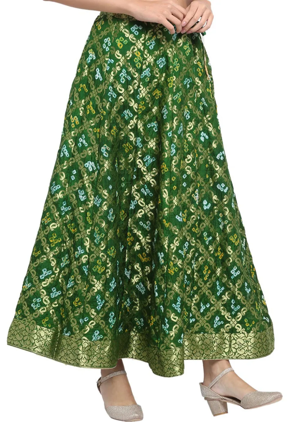 Bandhej Banarasi Silk Skirt in Dark Green