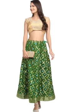 Bandhej Banarasi Silk Skirt in Dark Green