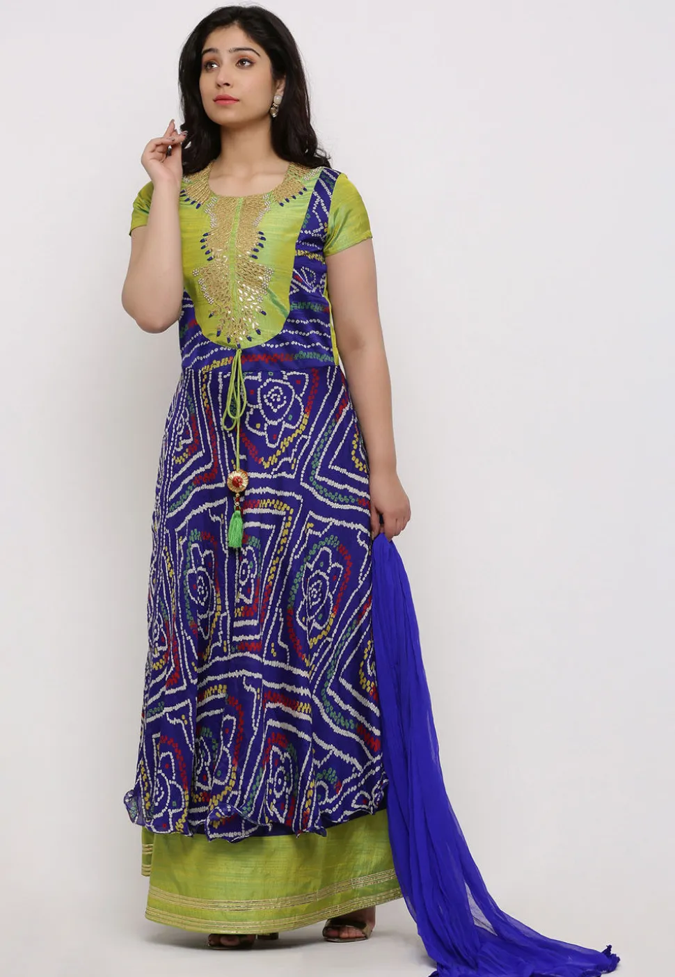 Bandhej Crepe Abaya Style Suit in Royal Blue and Olive Green