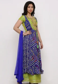 Bandhej Crepe Abaya Style Suit in Royal Blue and Olive Green