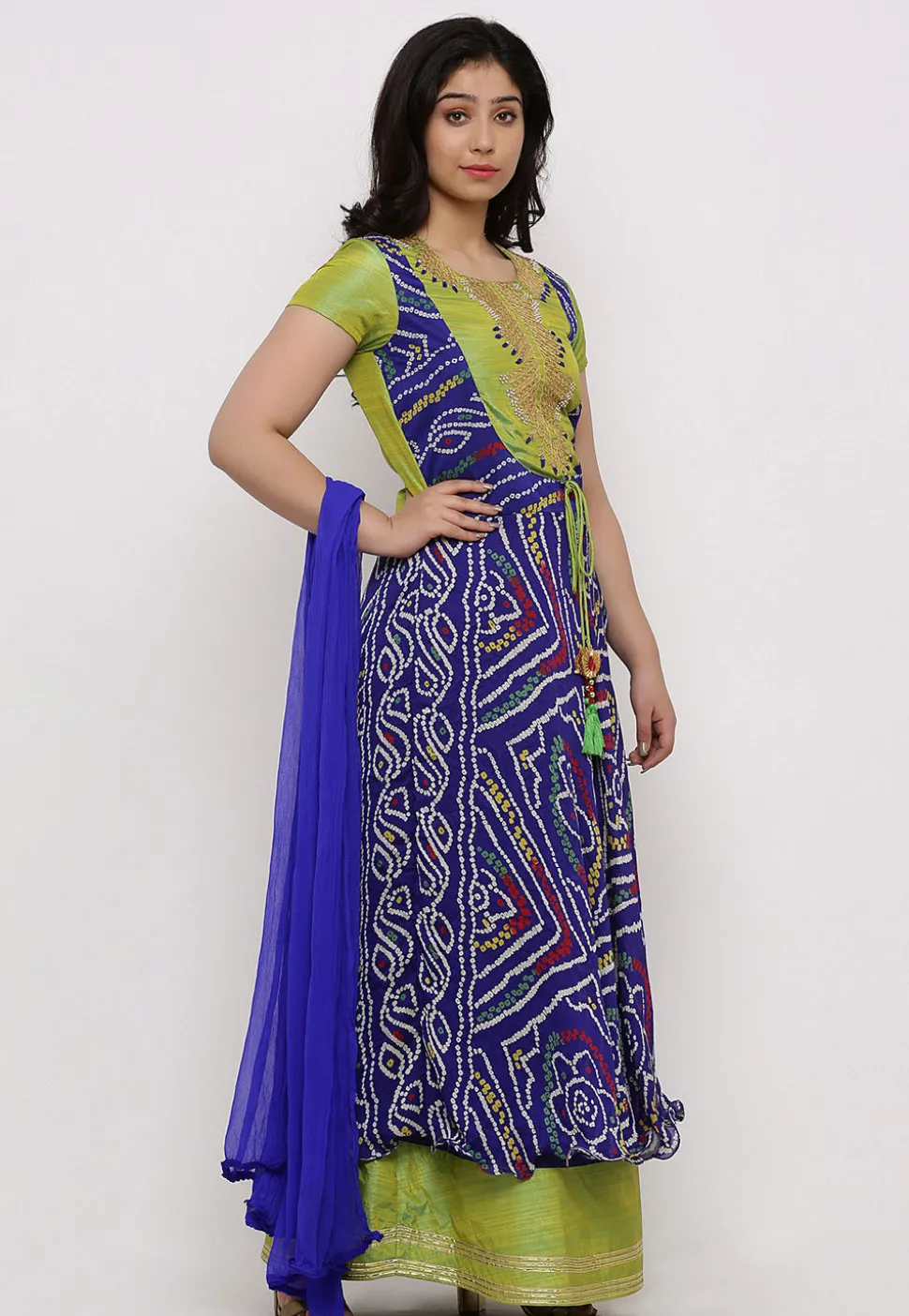 Bandhej Crepe Abaya Style Suit in Royal Blue and Olive Green