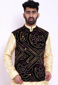 Bandhej Crepe Nehru Jacket in Black