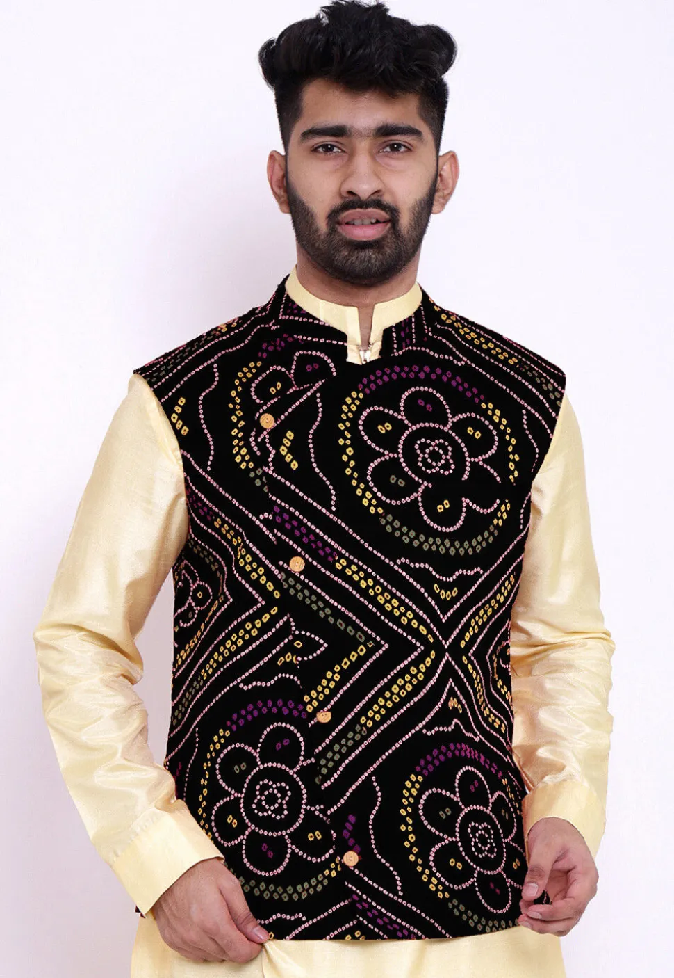Bandhej Crepe Nehru Jacket in Black