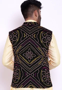 Bandhej Crepe Nehru Jacket in Black