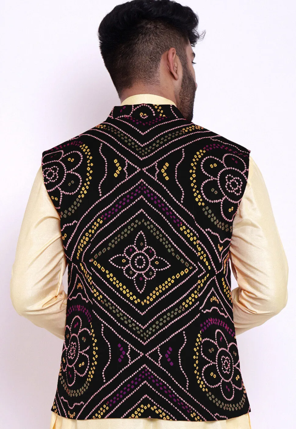 Bandhej Crepe Nehru Jacket in Black