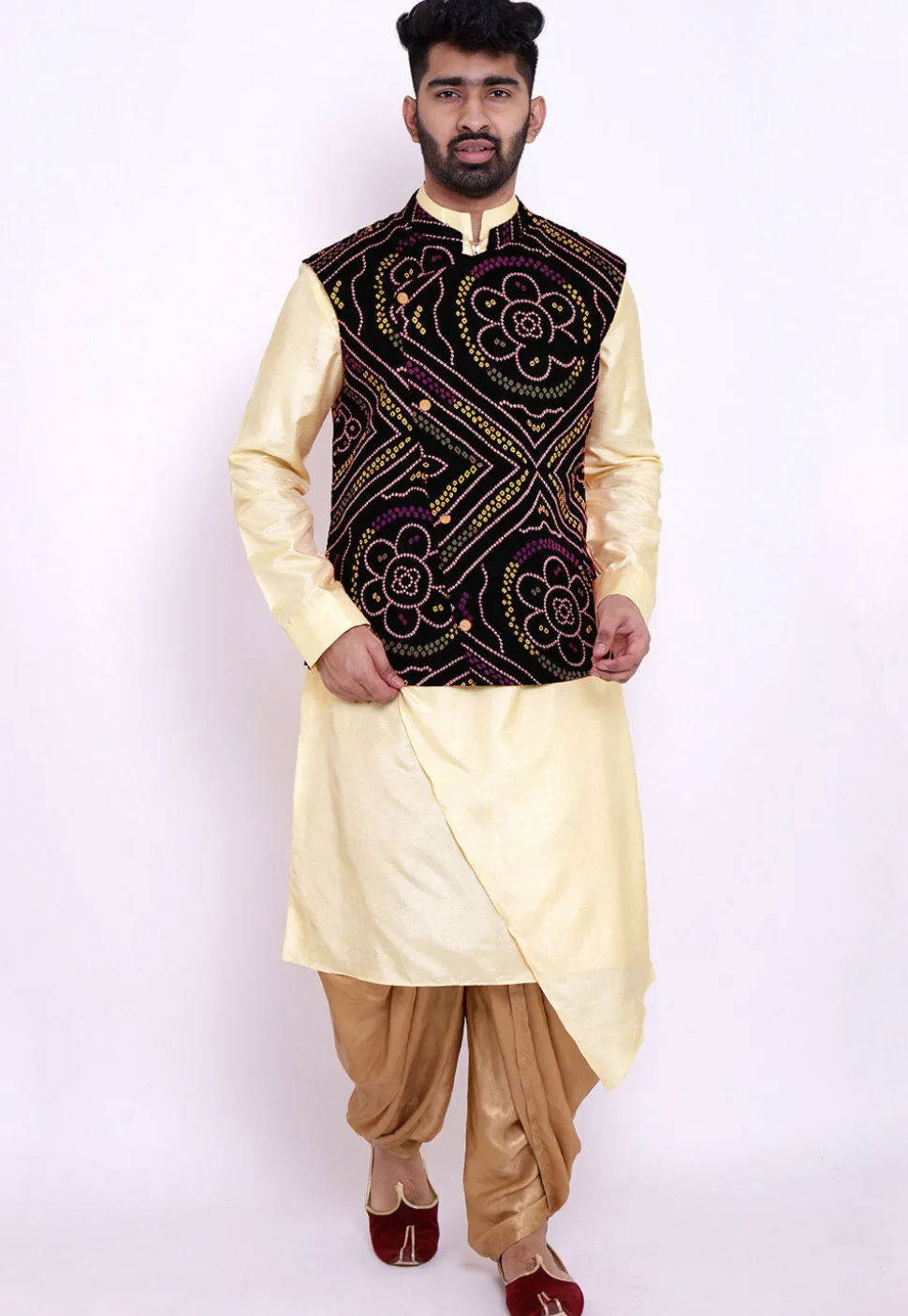 Bandhej Crepe Nehru Jacket in Black