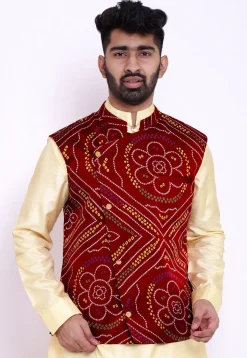 Bandhej Crepe Nehru Jacket in Maroon