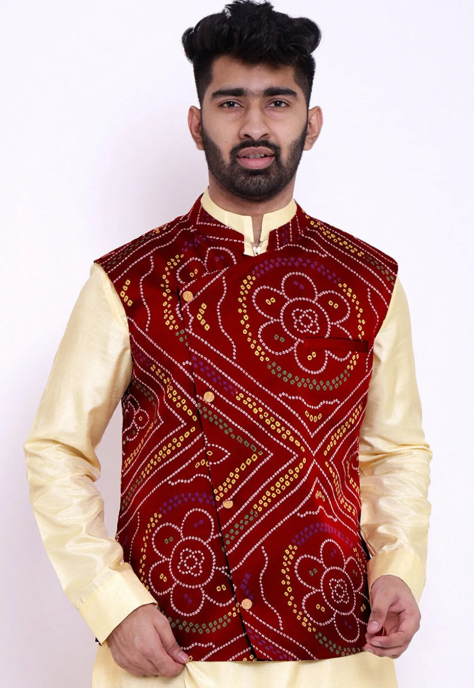 Bandhej Crepe Nehru Jacket in Maroon