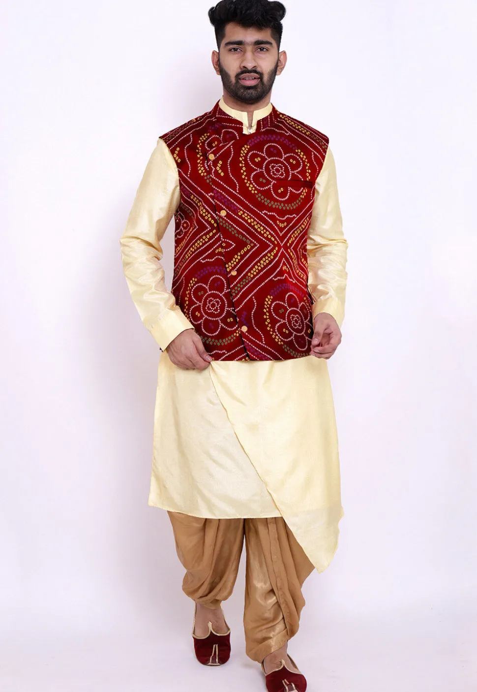 Bandhej Crepe Nehru Jacket in Maroon