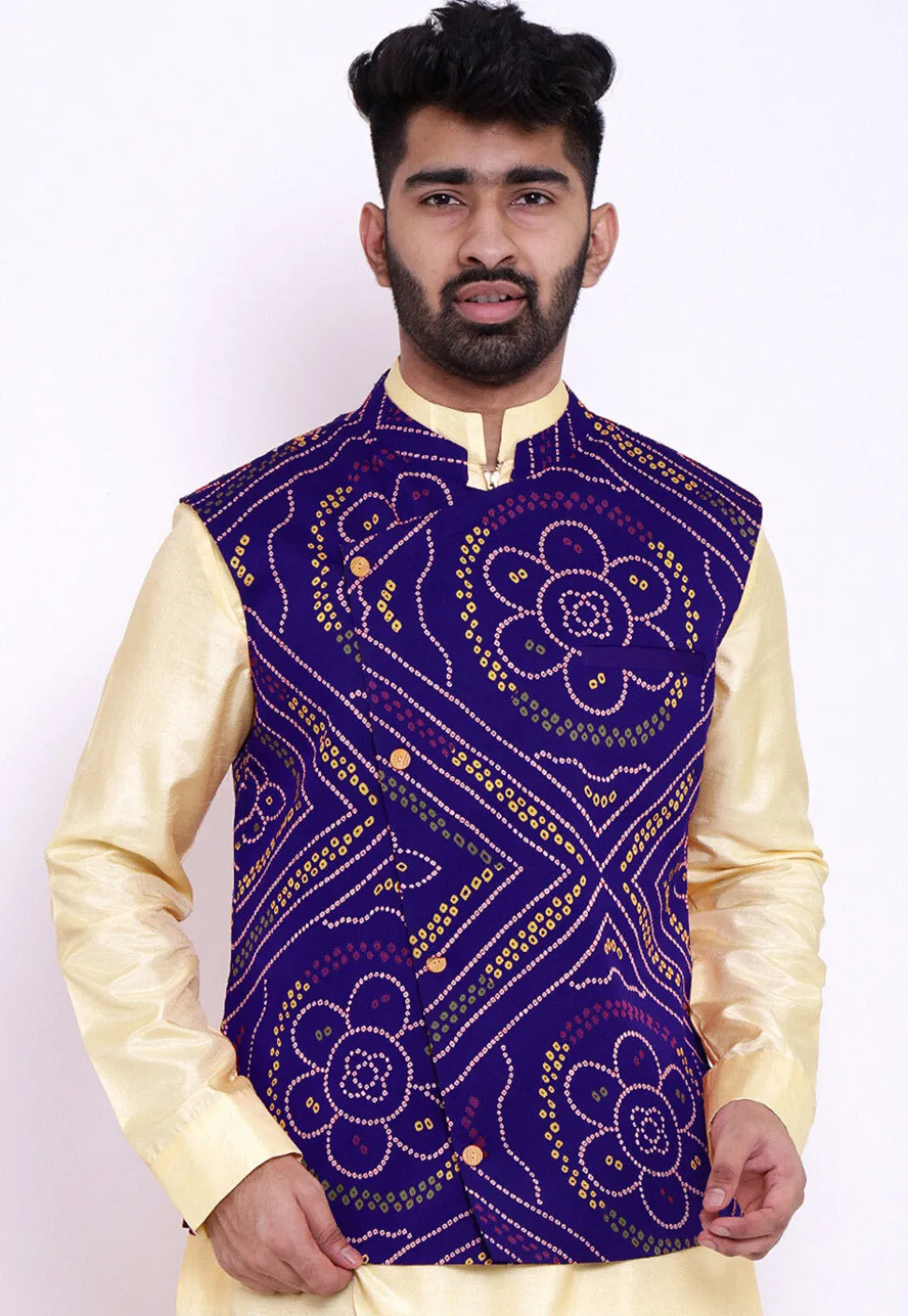 Bandhej Crepe Nehru Jacket in Royal Blue