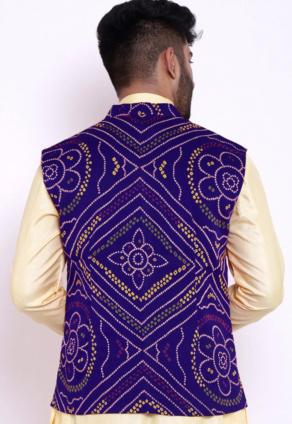 Bandhej Crepe Nehru Jacket in Royal Blue