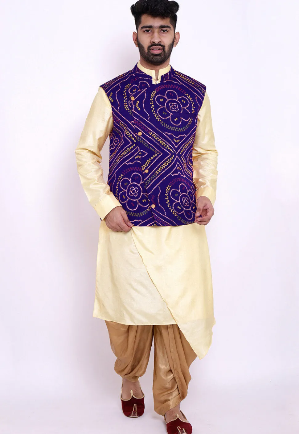 Bandhej Crepe Nehru Jacket in Royal Blue