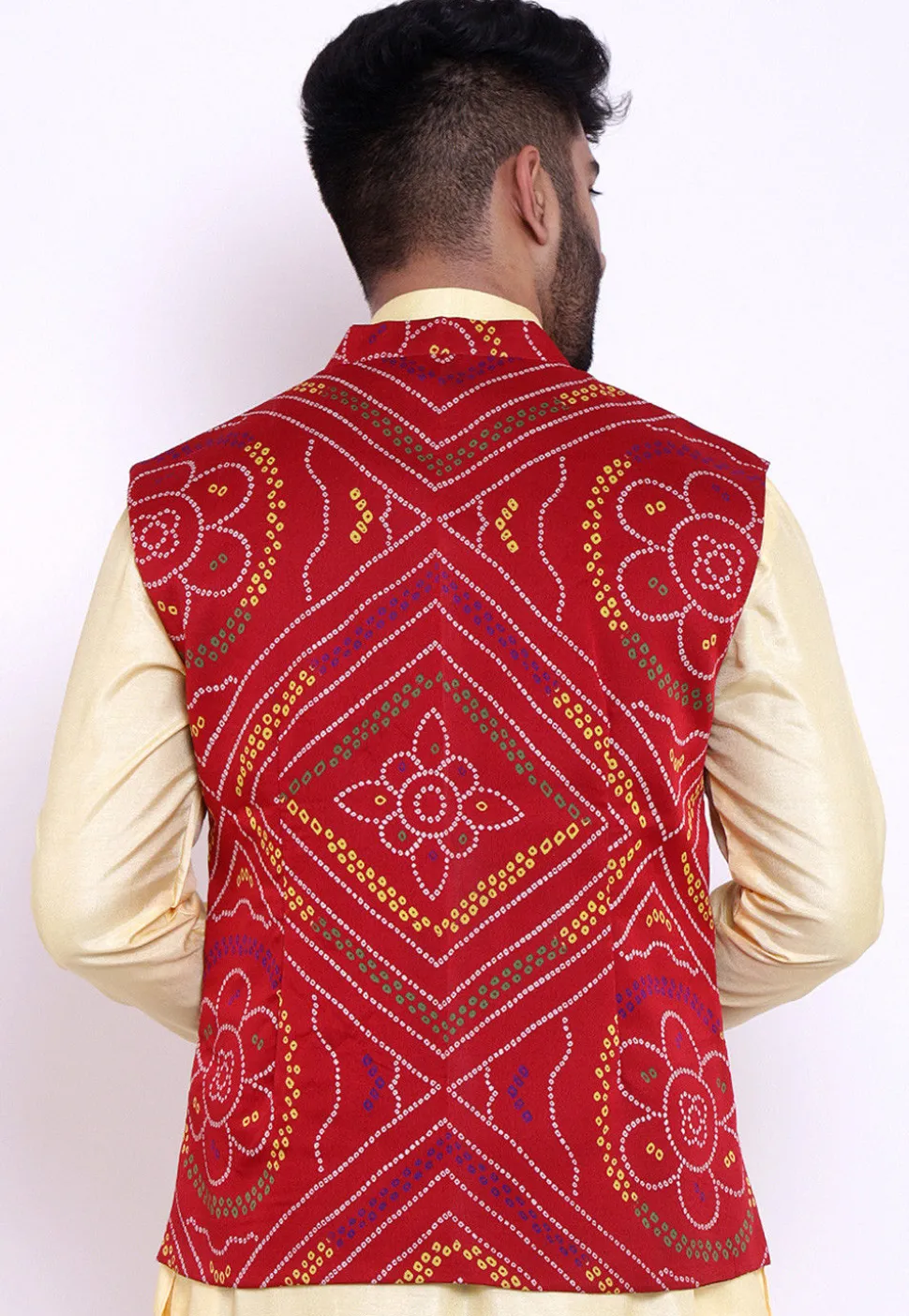 Bandhej Crepe Nehru Jacket in Red
