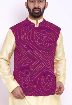 Bandhej Crepe Nehru Jacket in Magenta