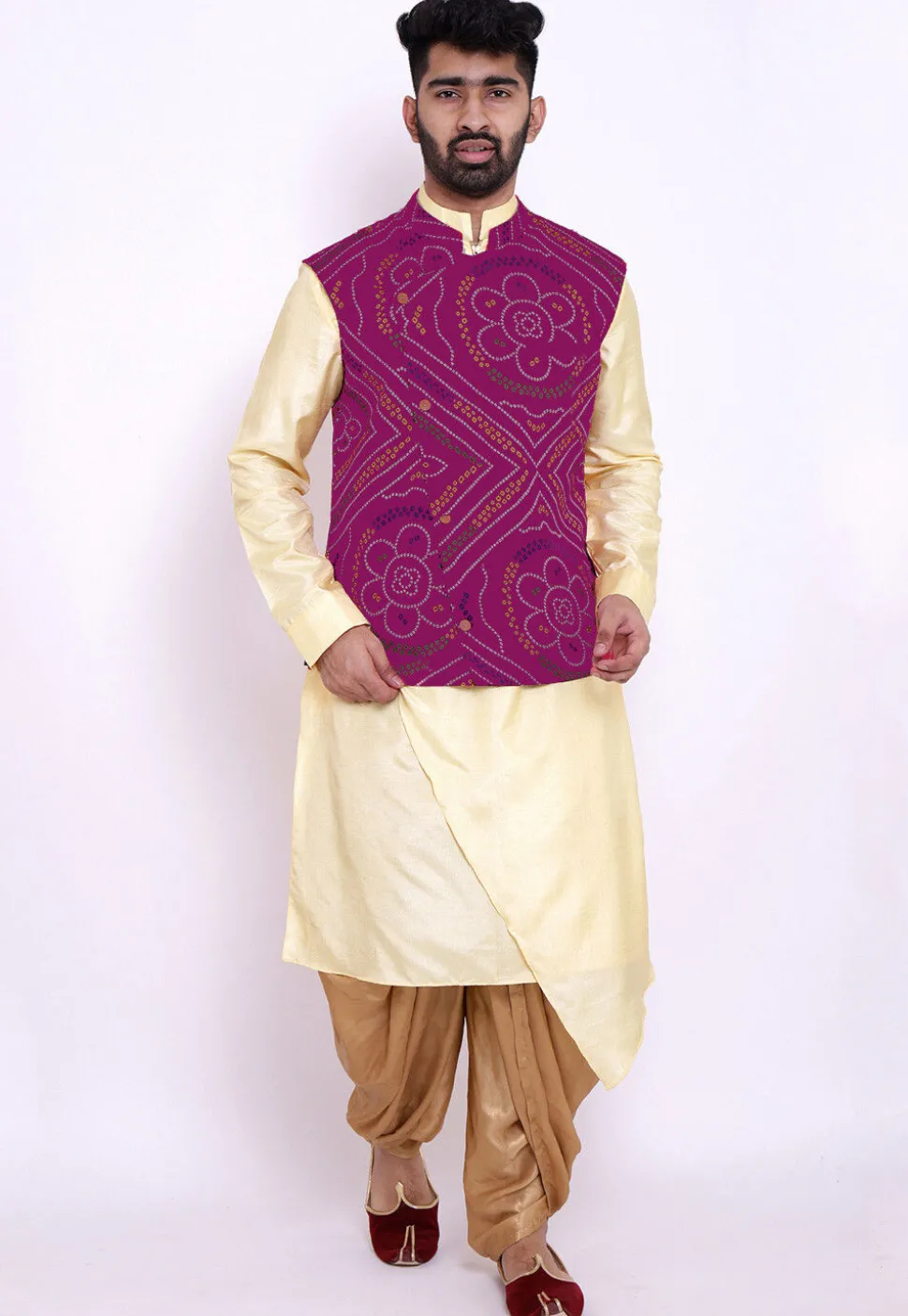 Bandhej Crepe Nehru Jacket in Magenta