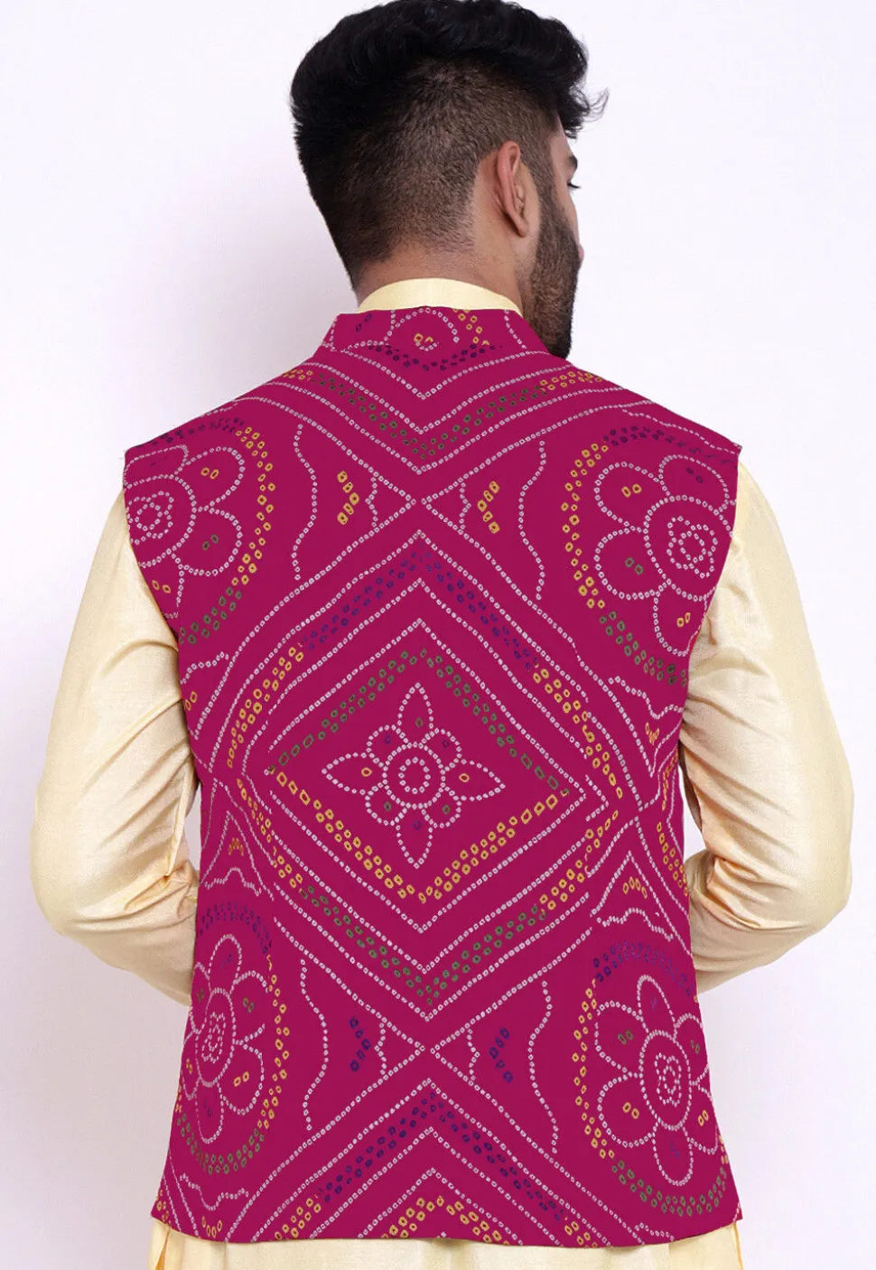 Bandhej Crepe Nehru Jacket in Magenta