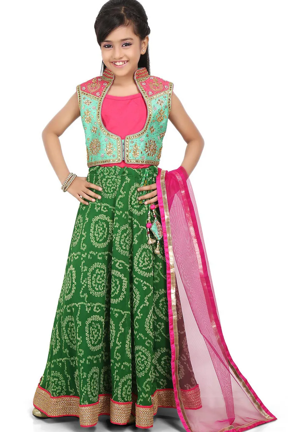 Bandhej Georgette Circular Lehenga in Green