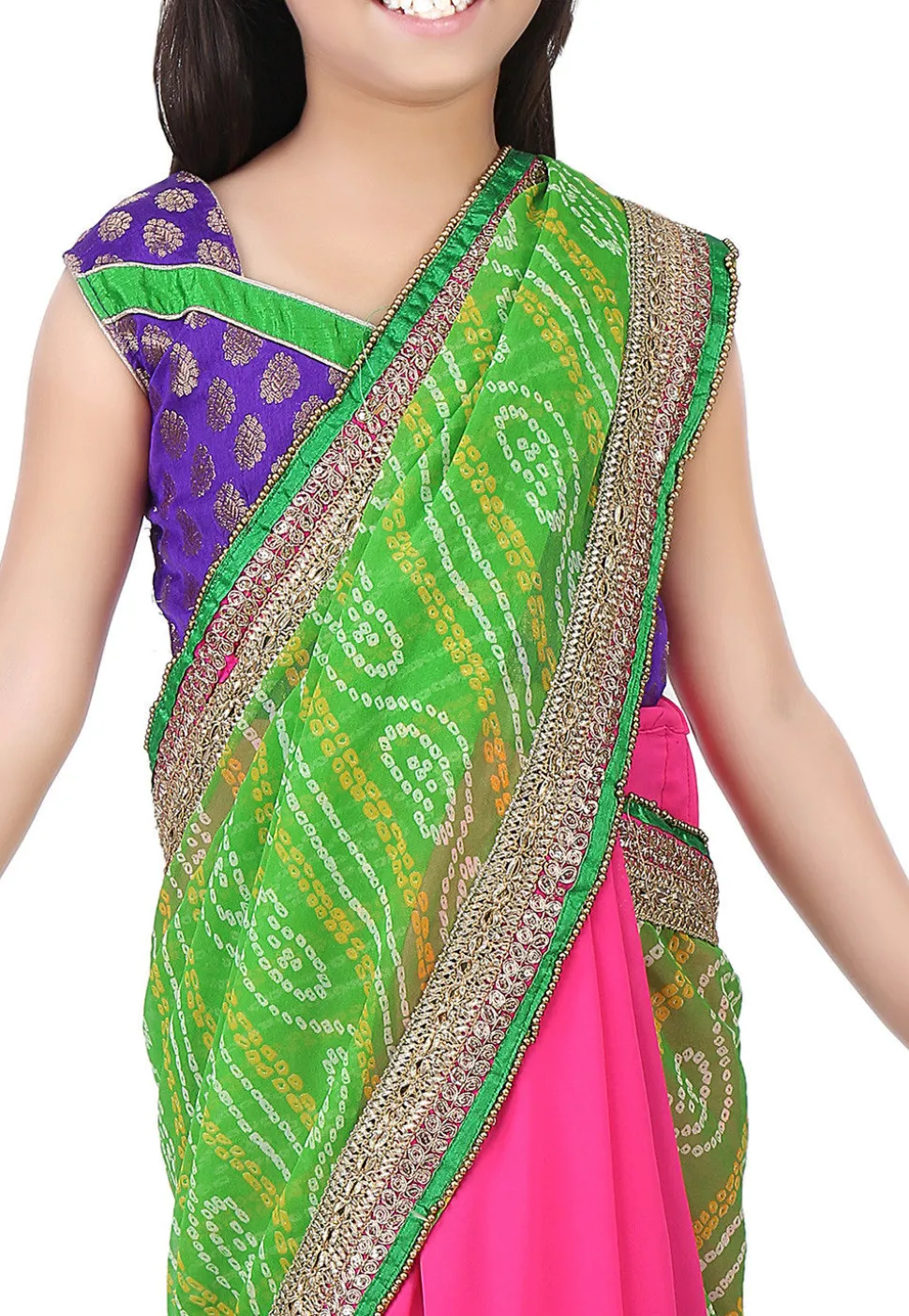Bandhej Georgette Half N Half Saree in Green and Pink