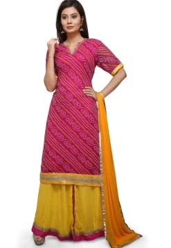 Bandhej Georgette Lehenga in Fuchsia and Yellow
