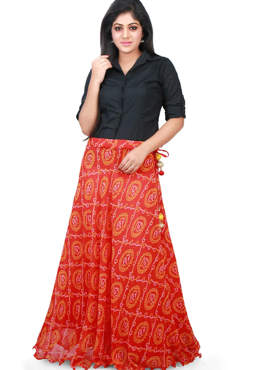 Bandhej Georgette Long Skirt in Red