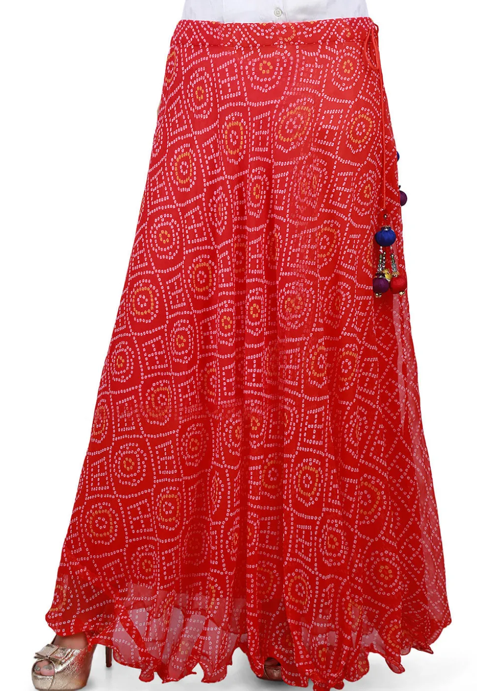 Bandhej Georgette Long Skirt in Red