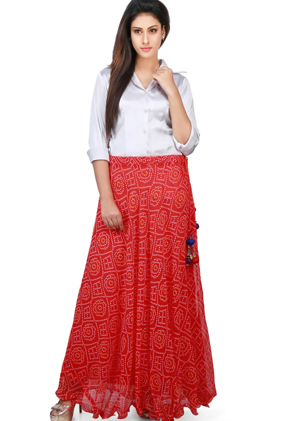 Bandhej Georgette Long Skirt in Red