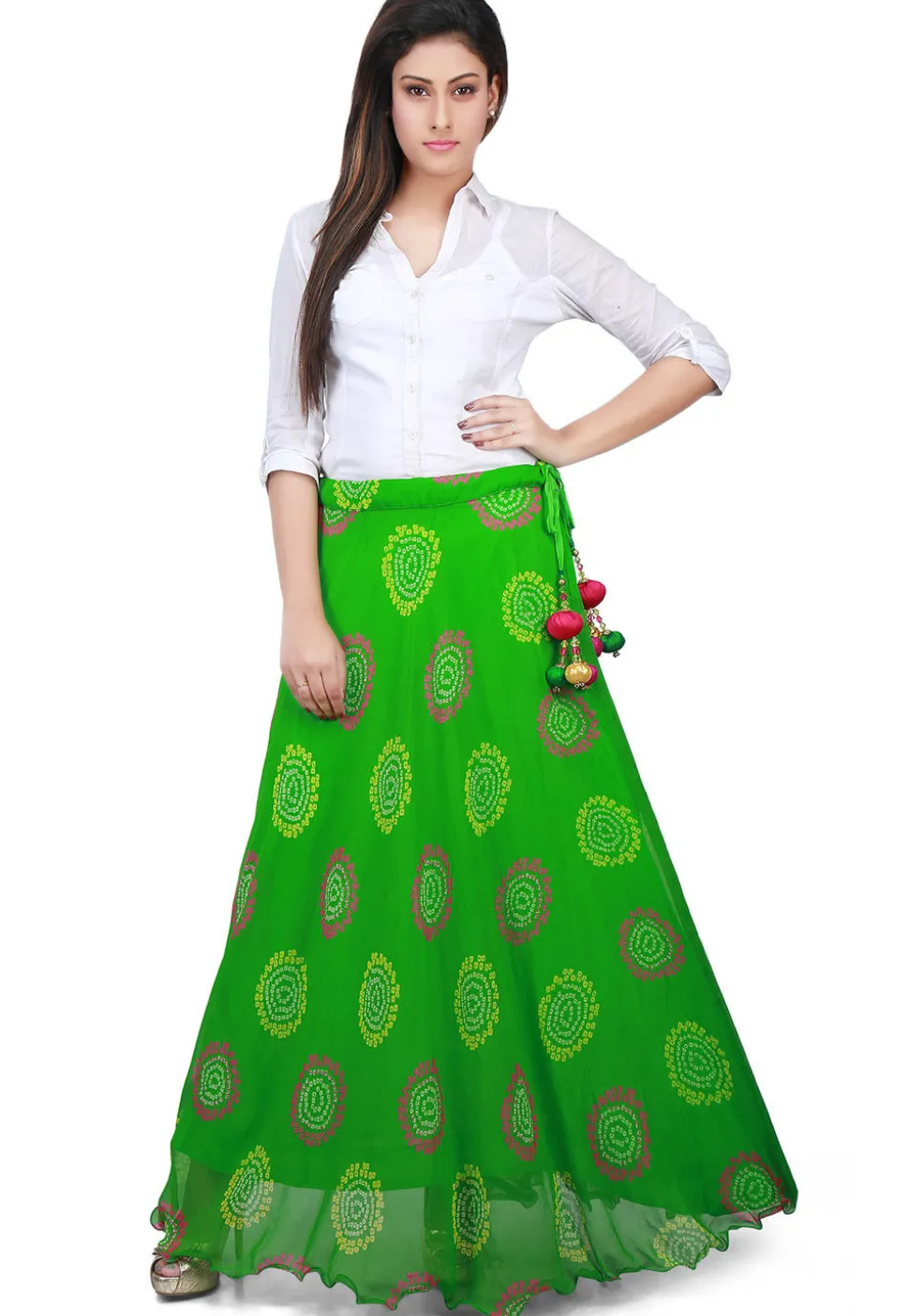 Bandhej Georgette Long Skirt in Green