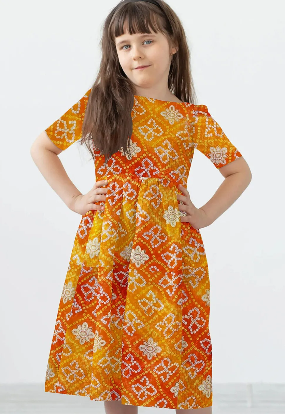Bandhej Kota Silk Dress in Yellow and Orange