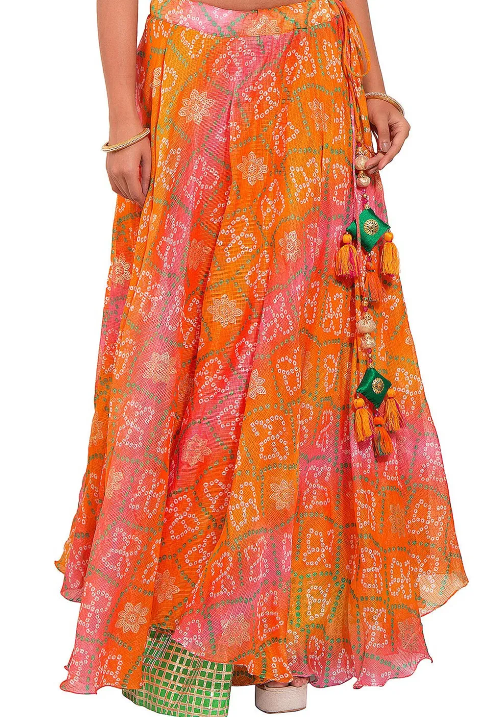 Bandhej Kota Silk Layered Skirt in Orange