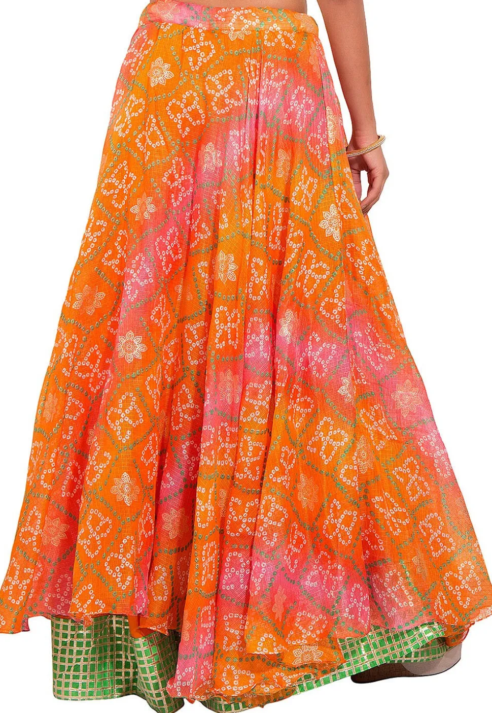 Bandhej Kota Silk Layered Skirt in Orange