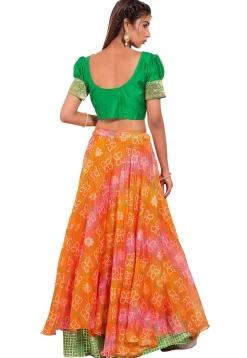 Bandhej Kota Silk Layered Skirt in Orange