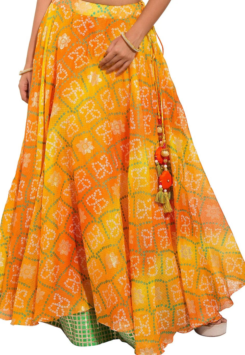 Bandhej Kota Silk Layered Skirt in Yellow