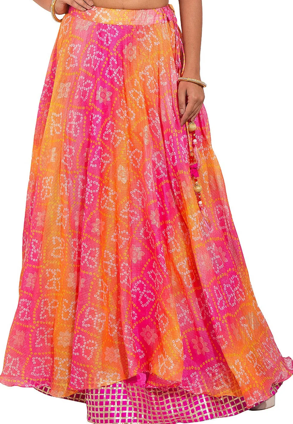 Bandhej Kota Silk Layered Skirt in Pink and Orange