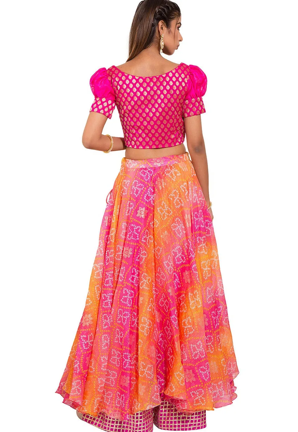 Bandhej Kota Silk Layered Skirt in Pink and Orange