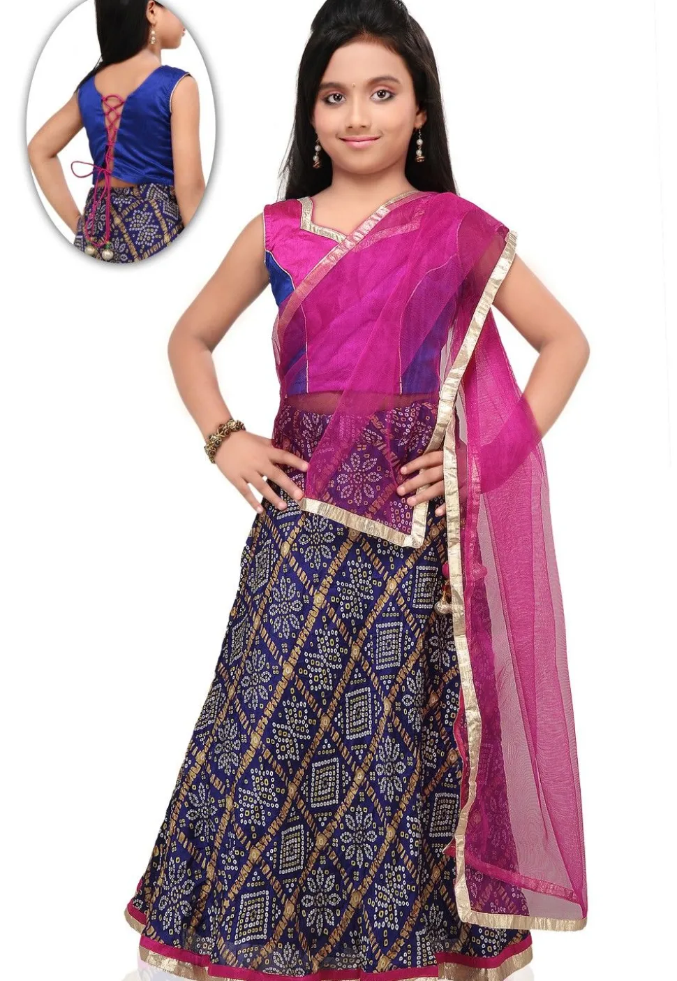 Bandhej Print Crepe Lehenga Set in Navy Blue