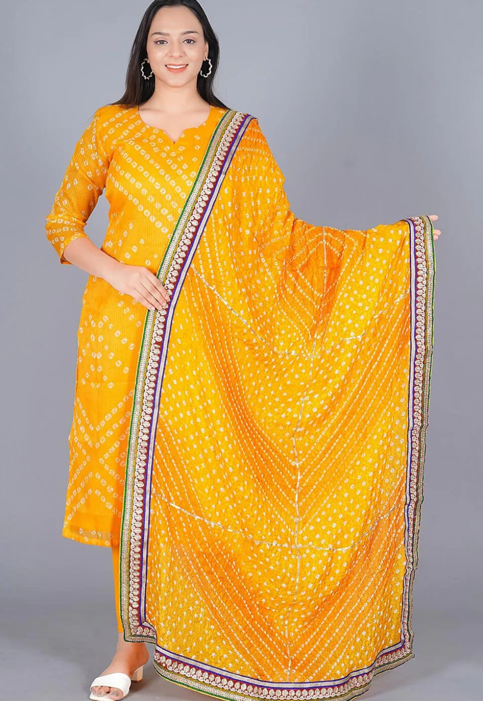 Bandhej Printed Art Kota Silk Straight Suit in Mustard