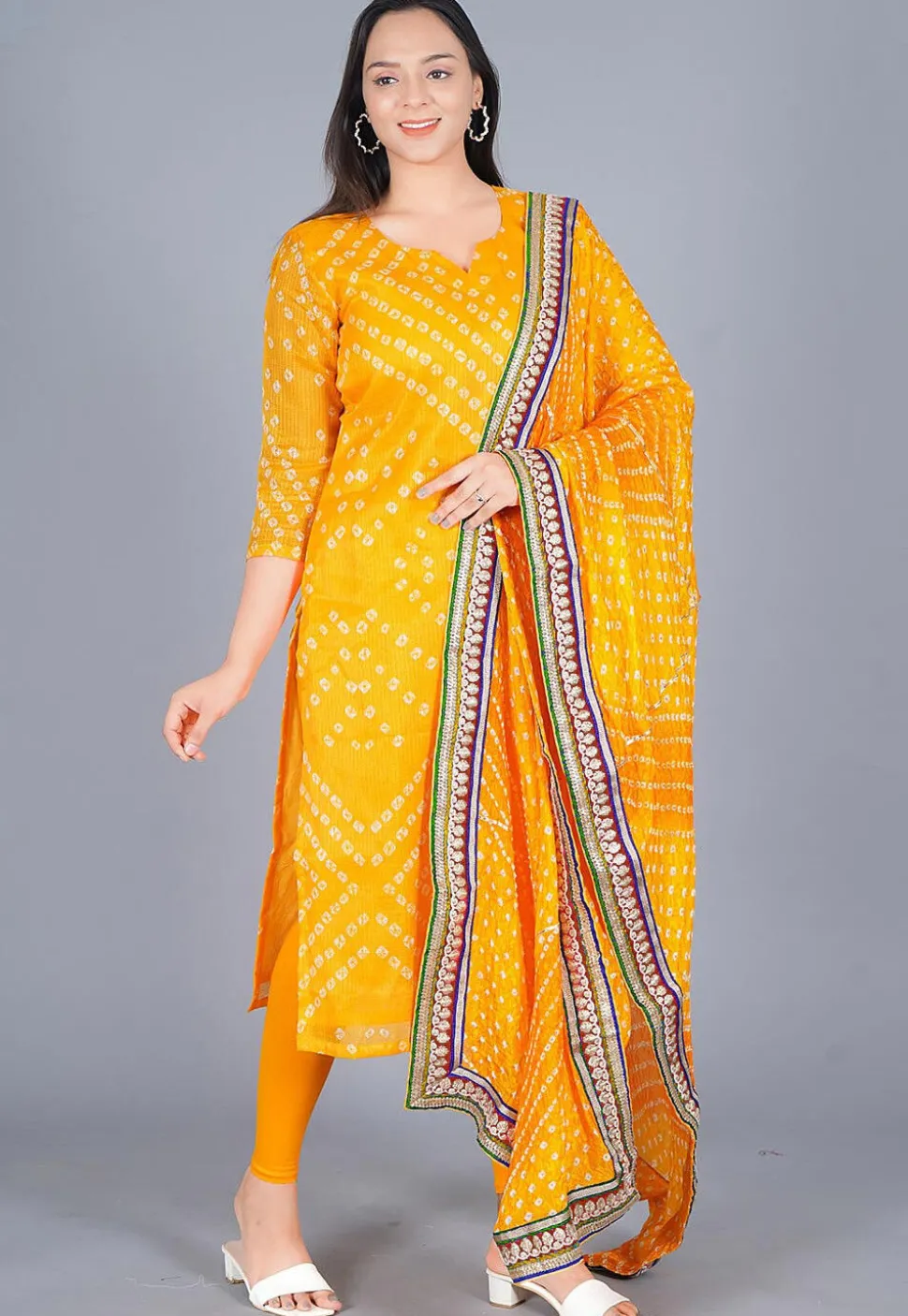 Bandhej Printed Art Kota Silk Straight Suit in Mustard