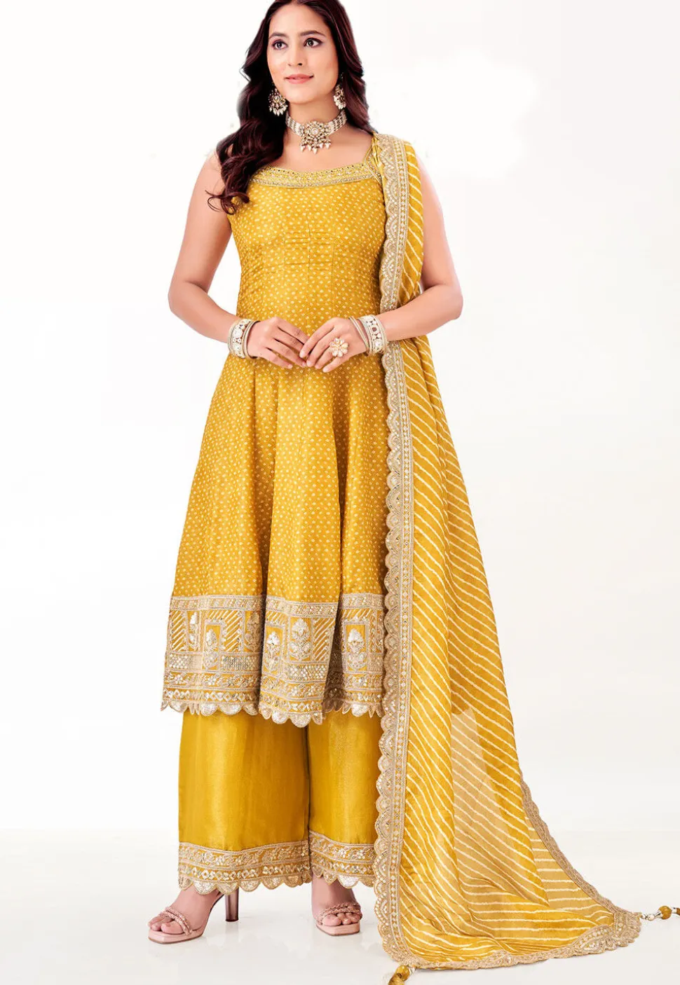 Bandhej Printed Art Silk Pakistani Suit in Mustard