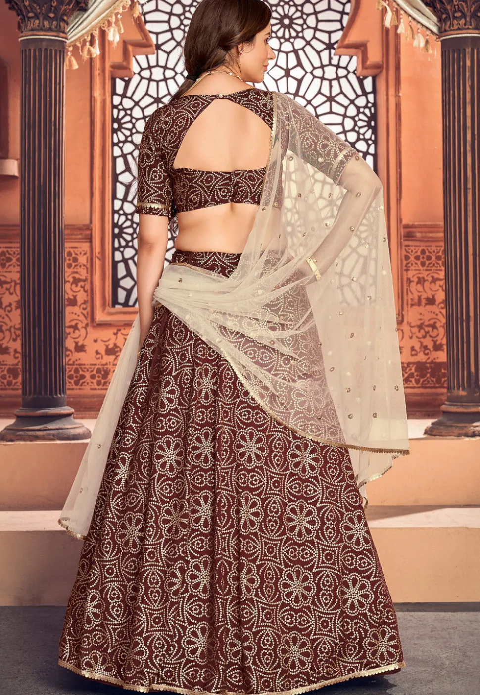 Bandhej Printed Art Silk Lehenga in Maroon