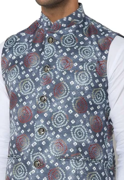 Bandhej Printed Art Silk Nehru Jacket in Dusty Blue