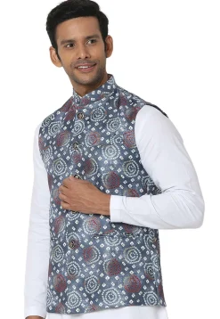 Bandhej Printed Art Silk Nehru Jacket in Dusty Blue