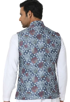 Bandhej Printed Art Silk Nehru Jacket in Dusty Blue