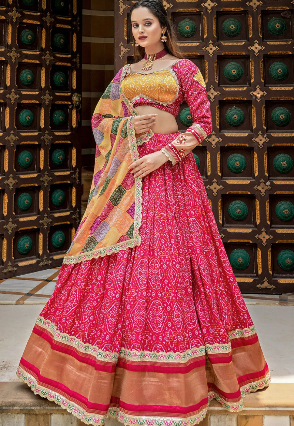 Bandhej Printed Art Silk Lehenga in Pink