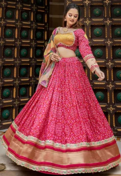 Bandhej Printed Art Silk Lehenga in Pink