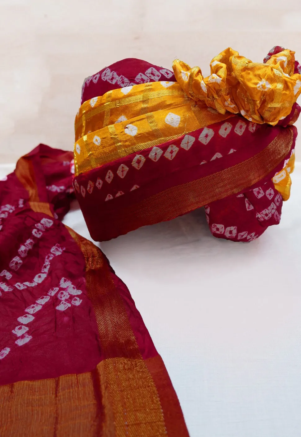 Bandhej Printed Art Silk Turban in Red and Mustard